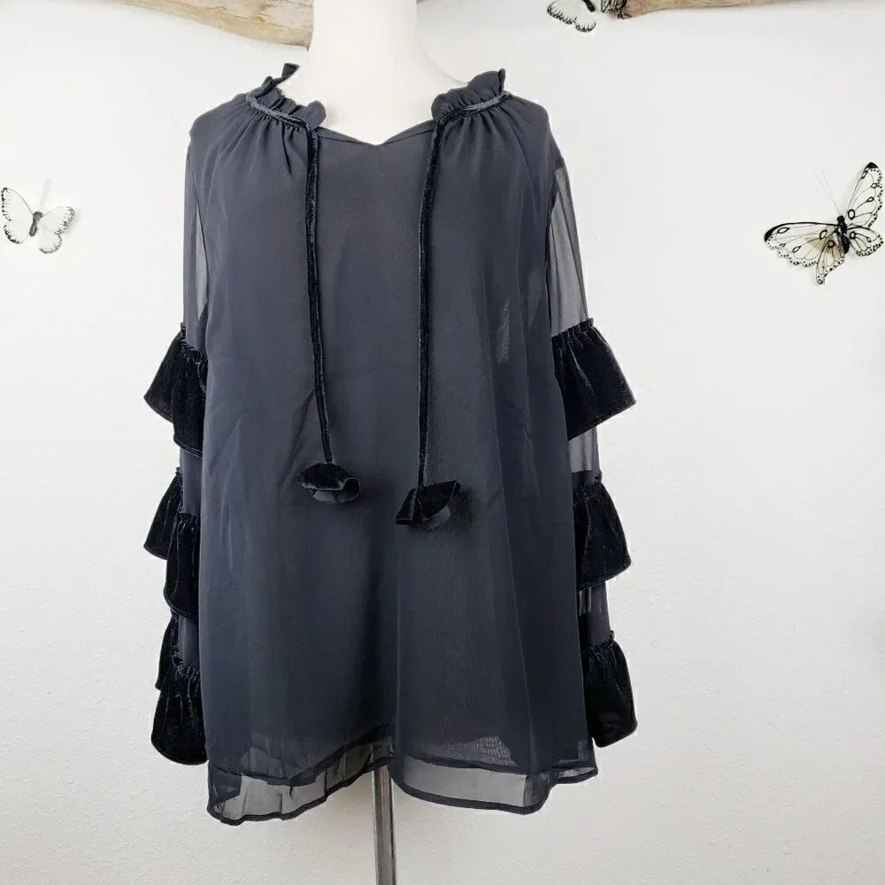 INC. Sheer black tunic with velvet accents